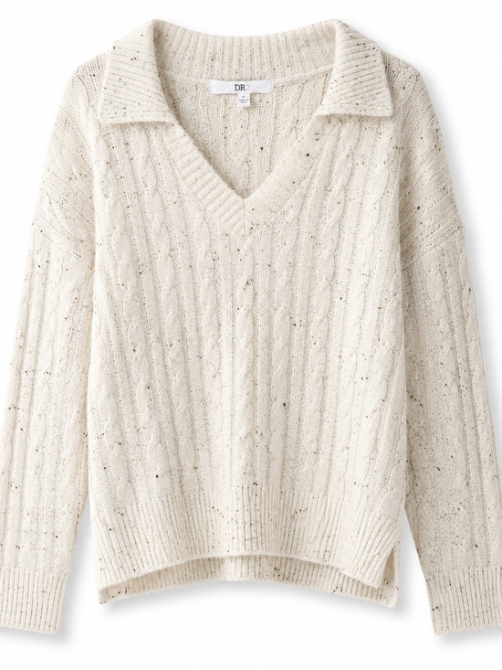 DR2 Sweaters - DR2 Cream Cable-Knit V-Neck Sweater with Collar Detail